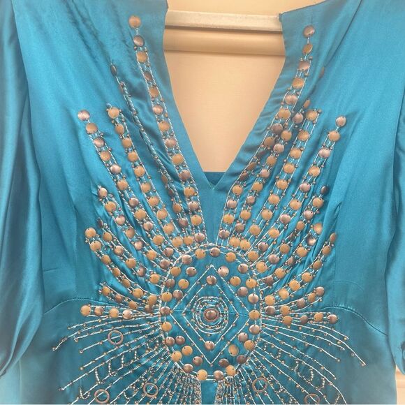 Nanette Lepore Darjeeling Teal Bronze Beaded Embellished Boho Silk Dress Size 12 - Picture 4 of 15